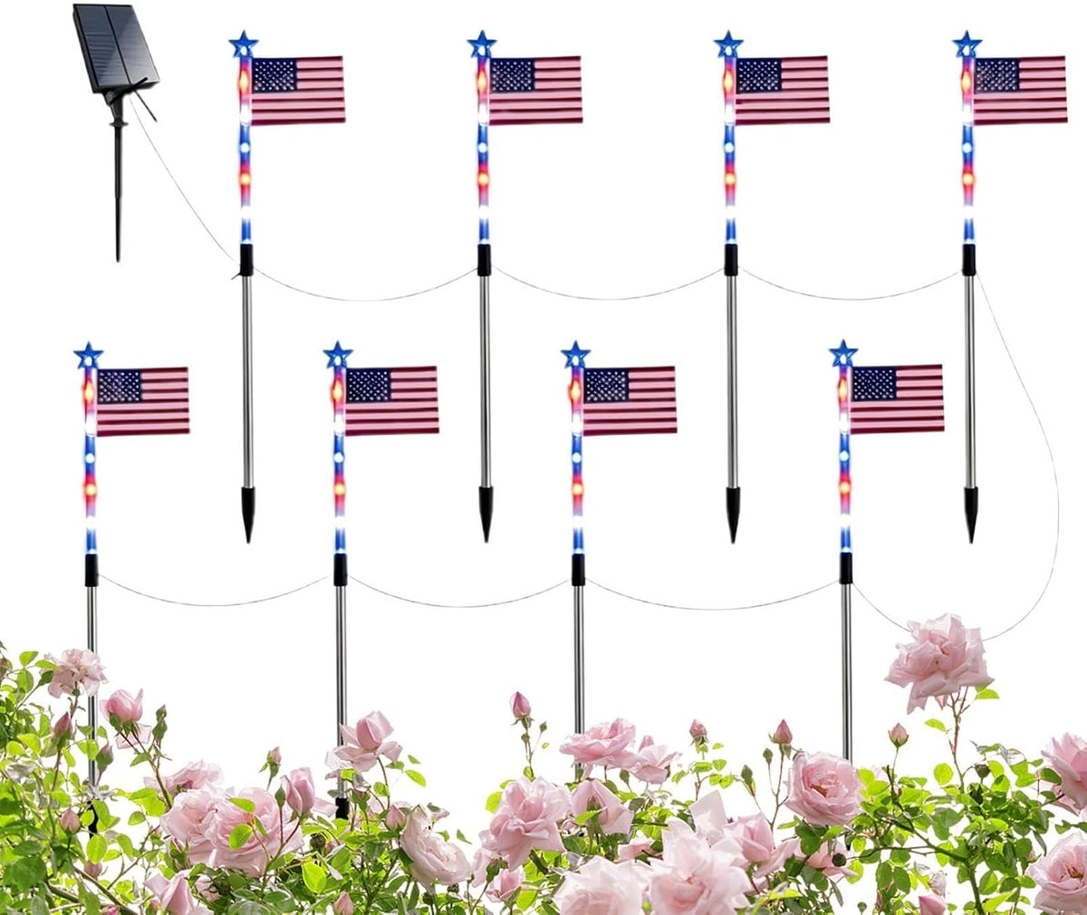 Solar Pathway Lights With American Flag White Blue Lighting
