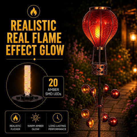 Festive Lights 1.15m Red Solar Hot Air Balloon Wind Spinner Stake Light – 20 Amber LED Flickering Flame Effect Garden Ornament, IP44 Weather Resistant Outdoor Lighting