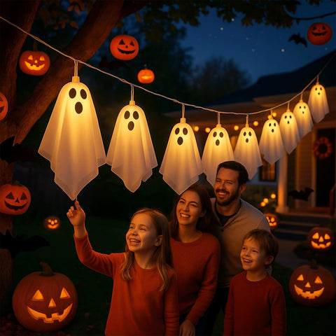 CNMTCCO Halloween Ghost String Lights – 10 LED Fabric Hanging Ghost Lights with 8 Lighting Modes, Warm White Battery Operated Halloween Decorations for Windows, Home & Parties