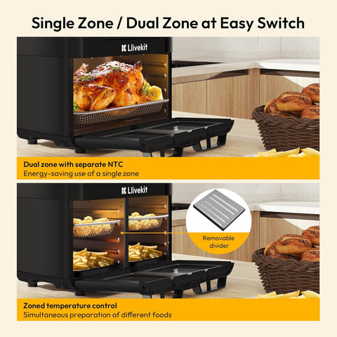LLIVEKIT 15L Dual Air Fryer Oven – 2600W, 12-in-1, Rotisserie, SYNC Finish & Dual Cook, 8 Accessories, LED Touch Screen