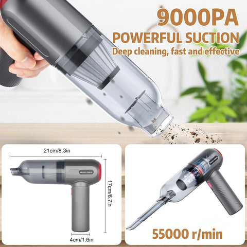 Tiazhan Handheld Cordless Car Vacuum Cleaner – Grey, 9000Pa Powerful Suction