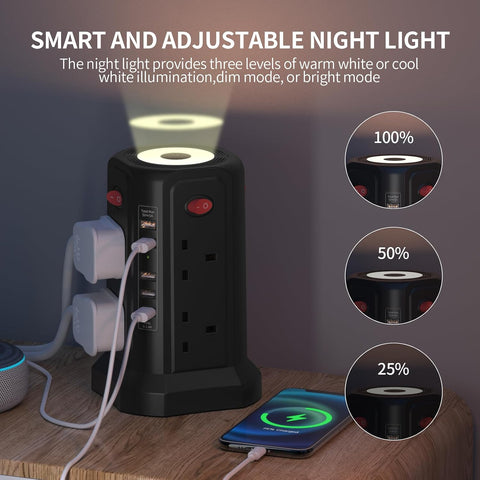 Tower Extension Lead with USB Ports, 8 Socket Outlets, Surge Protection & 3-Level Night Light – Keep Your Everyday Devices Powered Without the Plug-In Chaos