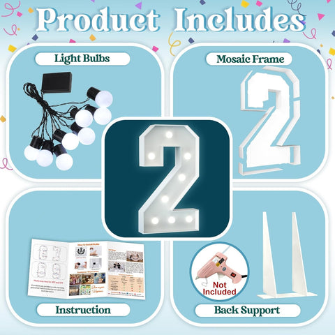 3FT Light Up Numbers Birthday Decoration Large Marquee Numbers 2 for 2nd 21st Birthday Party Decor Wedding, Big Number Frame Foam Cardboard Mosaic Arch Stand Pre-cut Numbers