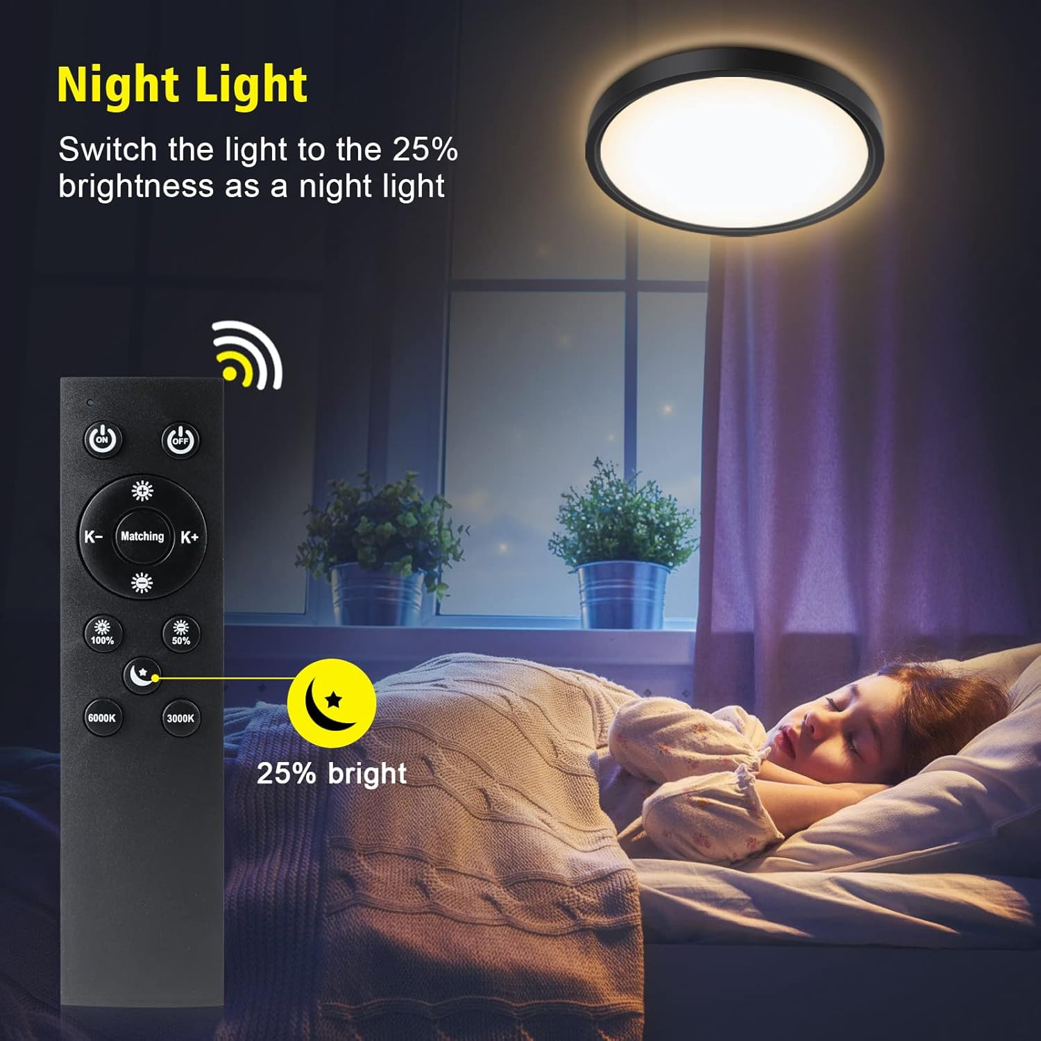 Ceiling light with remote control in a bedroom setting, showing a person sleeping.