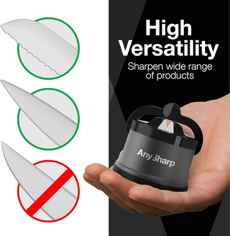 AnySharp Pro Metal Knife Sharpener – Hands-Free PowerGrip Suction | Sharpens All Knives | Hardened Steel & Serrated | Matte Grey