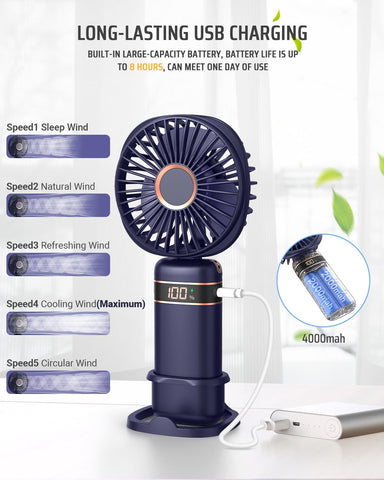 Mini Handheld USB Fan – Rechargeable 5-Speed Folding Fan with Base & Lanyard