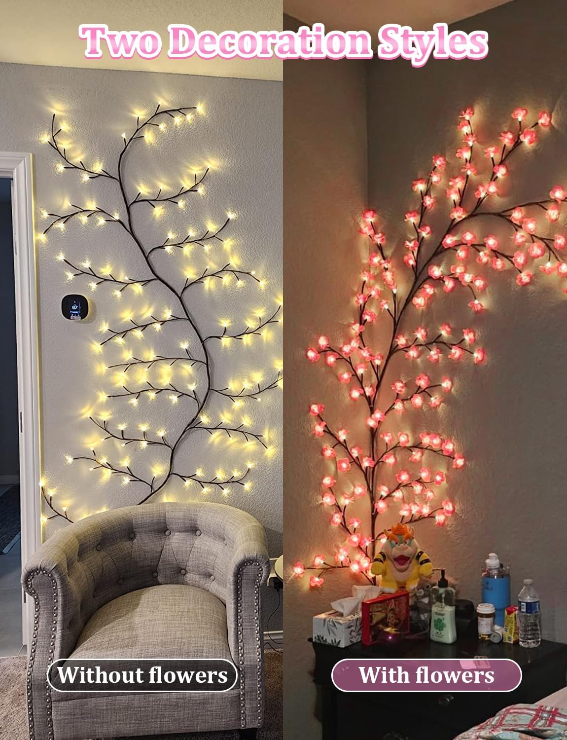 Two decorative lighting styles on a wall with and without flowers, labeled 'Without flowers' and 'With flowers'.