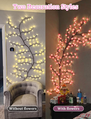 Two decorative lighting styles on a wall with and without flowers, labeled 'Without flowers' and 'With flowers'.