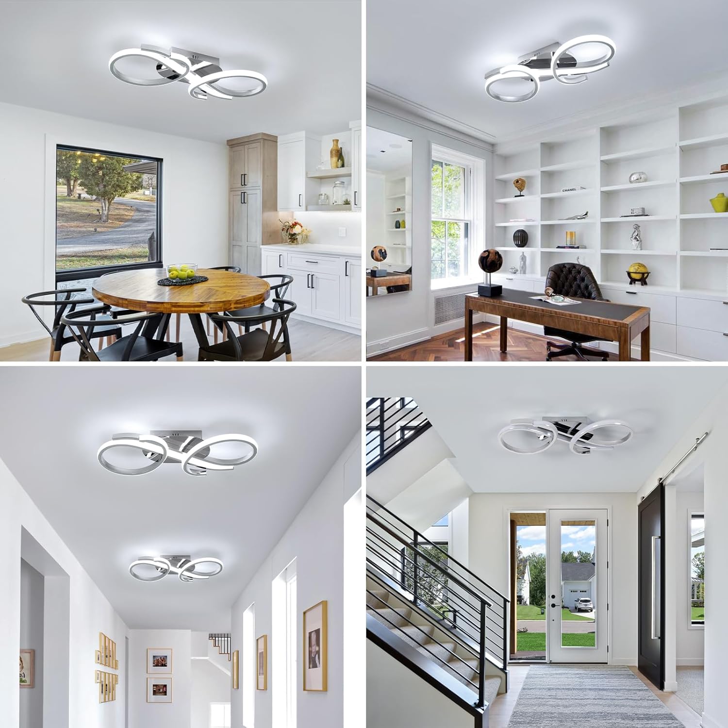 Ceiling light fixture in various indoor settings including a dining area, home office, hallway, and staircase.
