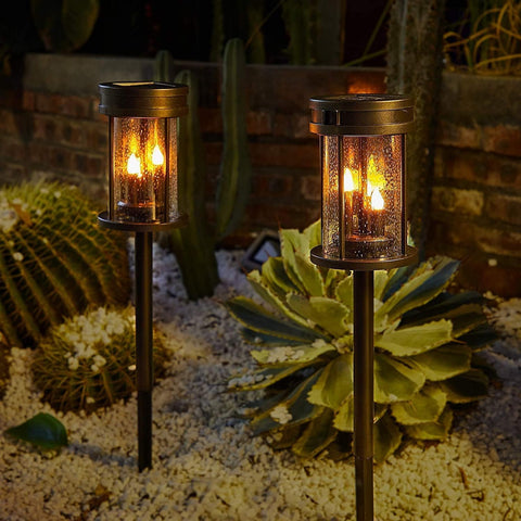 Outdoor Garden Solar Stake Lights Flickering Candle Lighting for Yard, Lawn, Patio, Pathway, Wall Decoration (2Pack, Black)