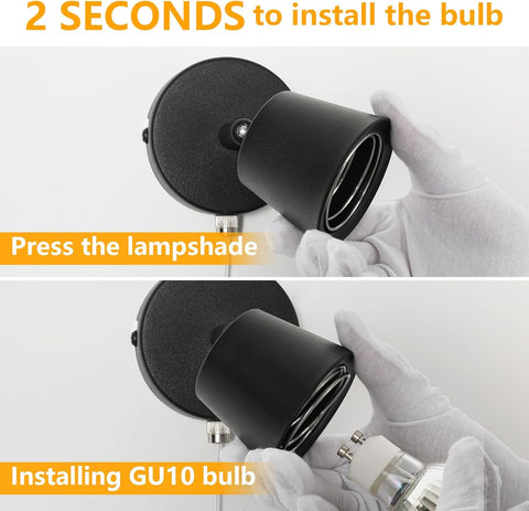 Black Wall Lights with Pull Cord Switch GU10 - Modern Pull Cord Light Switch 350° Rotatable - Indoor Wall Sconce Lights for Bedroom Bedside Living Room Kitchen