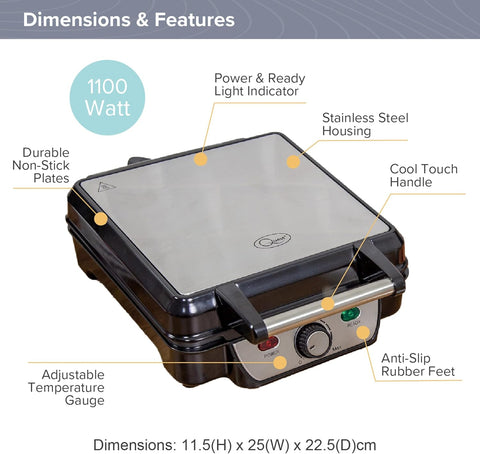 Quest 35940 4-Slice Deep Fill Waffle Maker – Non-Stick Plates, Adjustable Temperature, Stainless Steel, 1100W, Cool Touch Handle