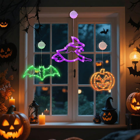 CNMTCCO Halloween Window Lights Set of 3 – Battery Operated LED Pumpkin, Bat & Witch Decorations with 6-Hour Timer and Suction Cups for Indoor Windows