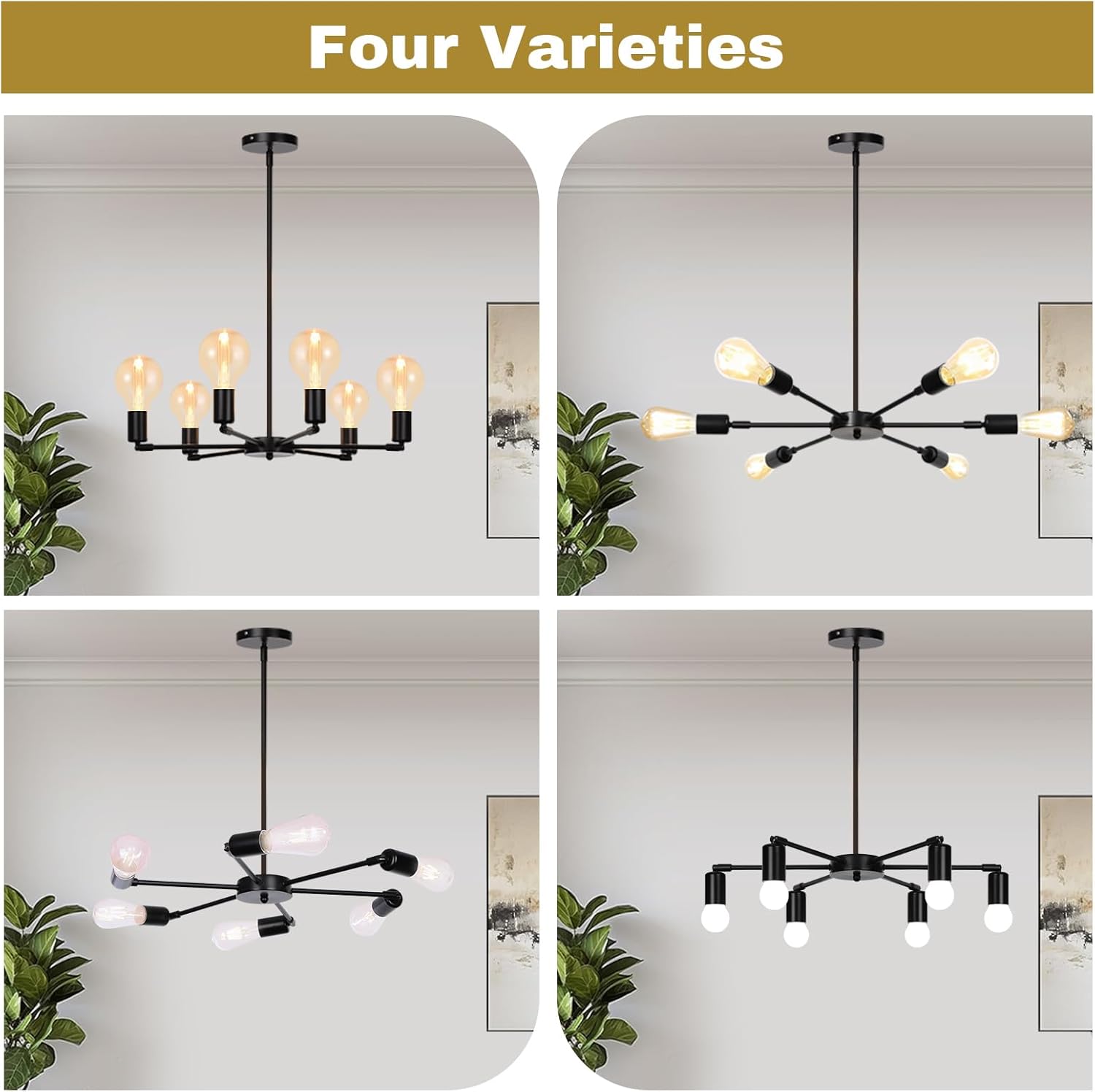 Four different varieties of black chandelier lights on a white background with plants.
