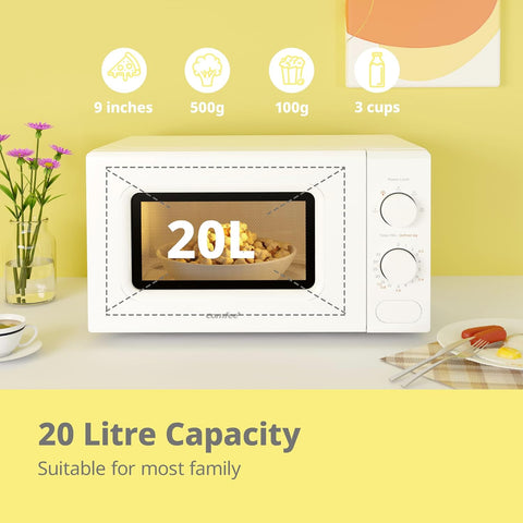 20L White Microwave Oven with 5 Power Levels, Quick Defrost & Timer