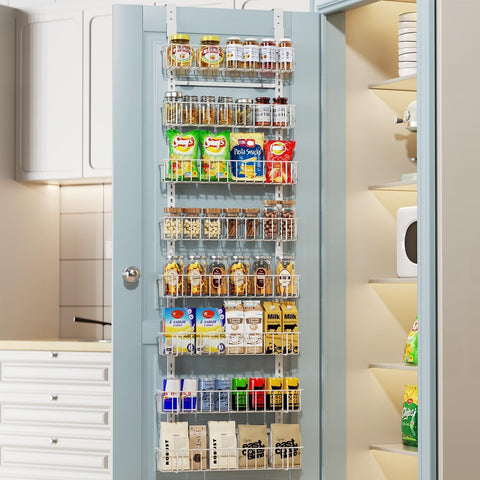Delamu 8-Tier Over Door Storage Organiser, Adjustable Metal Pantry Shelves, Hanging Spice Rack for Kitchen, Bathroom & Laundry, White
