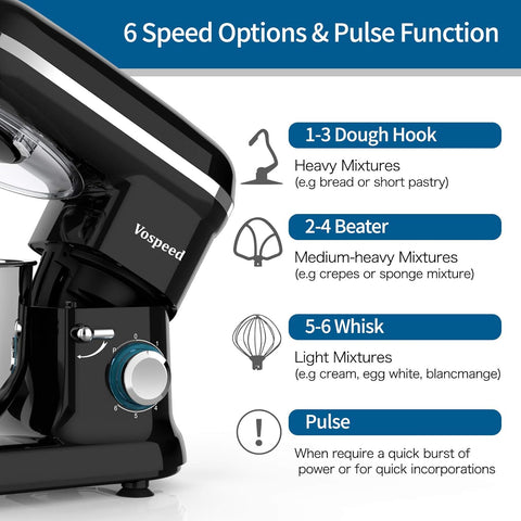 Food Mixer Dough Blender 6.2L 2000W Electric Stand Mixer – Cake Mixer with Bowl, Beater, Hook, Whisk & Spatula – Black