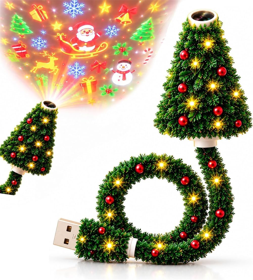 Christmas Projector Light – Plug and Play HD LED Christmas Projection Lamp with 6 Festive Scenes, USB Design for Walls, Ceilings & Holiday Decorations