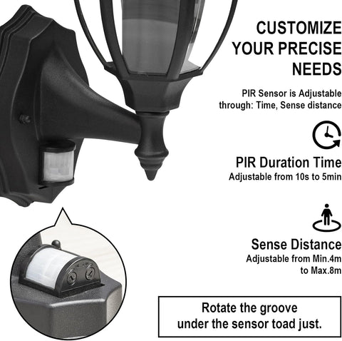 Outdoor wall light fixture with PIR sensor and adjustable features on a white background
