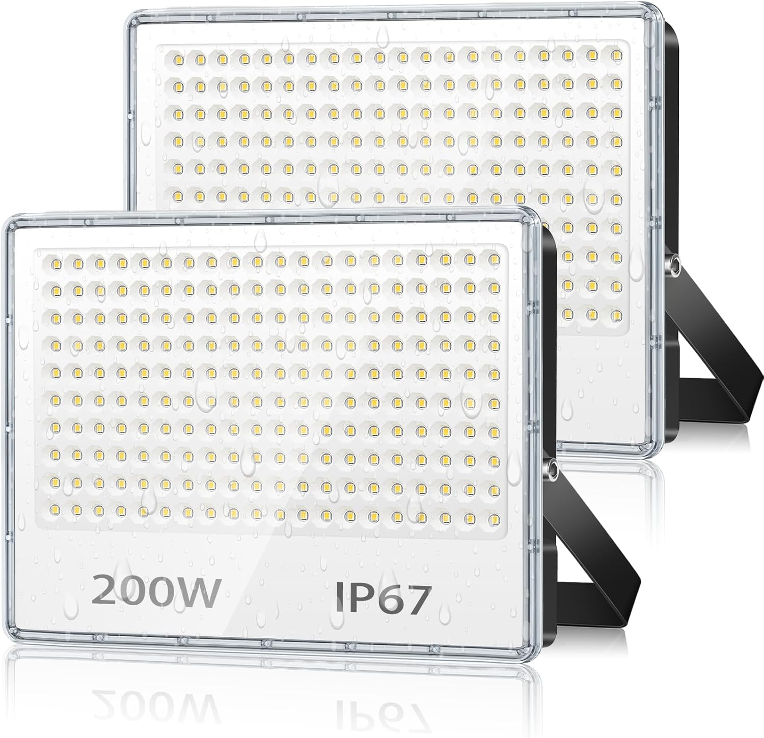 Two LED flood lights with '200W' and 'IP67' labels on a white background