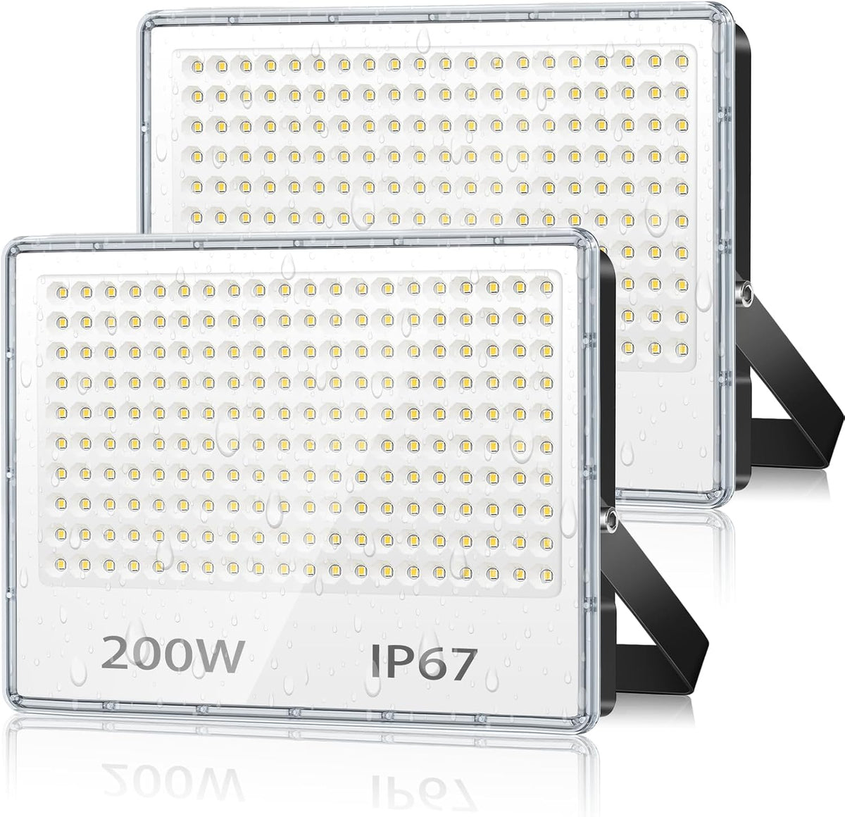 Two LED flood lights with '200W' and 'IP67' labels on a white background