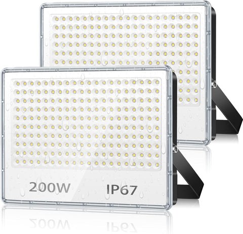 Two LED flood lights with '200W' and 'IP67' labels on a white background