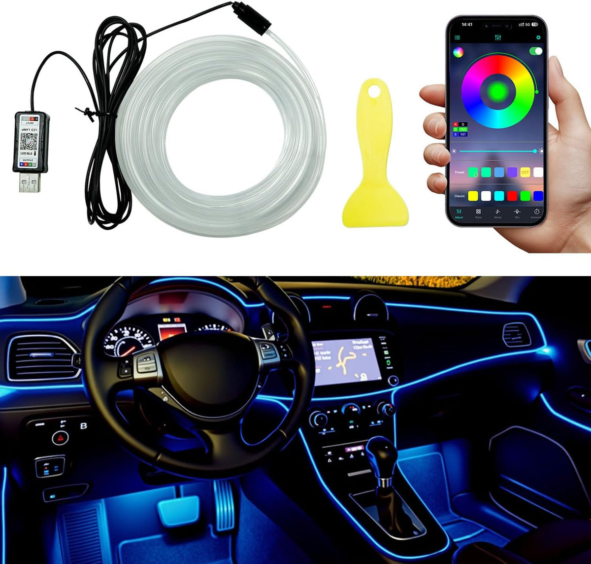 5M USB EL Wire Car Interior Lights – Multi-Colour Flexible LED Strip with APP Control, Dashboard Ambient Lighting for Cars, Trucks & Vans