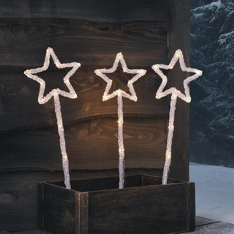 Lights4fun Outdoor Christmas Set of 3 Acrylic Star Stake Path Lights White LEDs Battery Operated with Timer 43cm