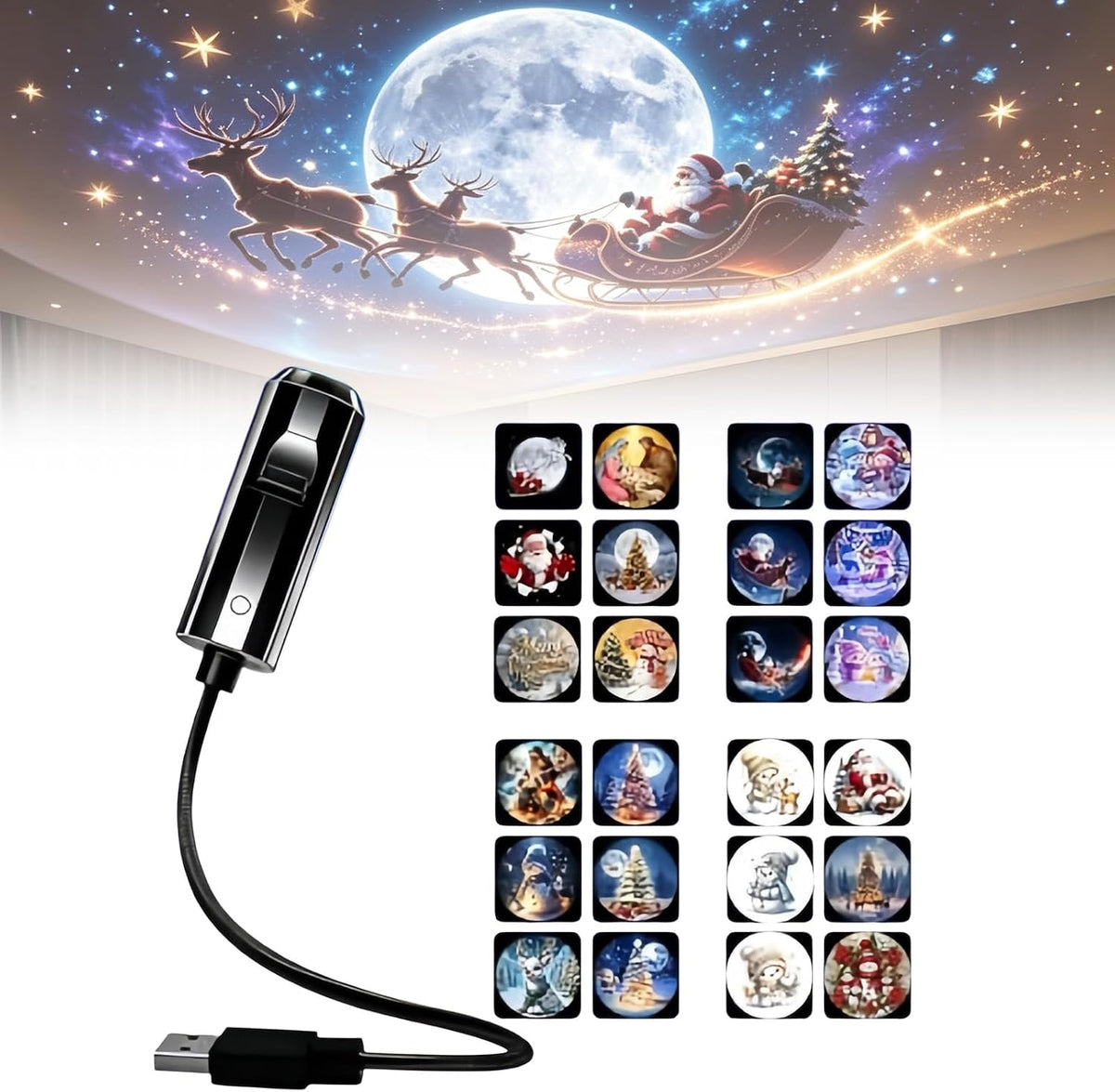JKKEOXYLIC Christmas Projector Indoor – 24 Festive Scenes, 360° Rotating USB Powered Christmas Light Projector for Bedroom, Living Room & Parties