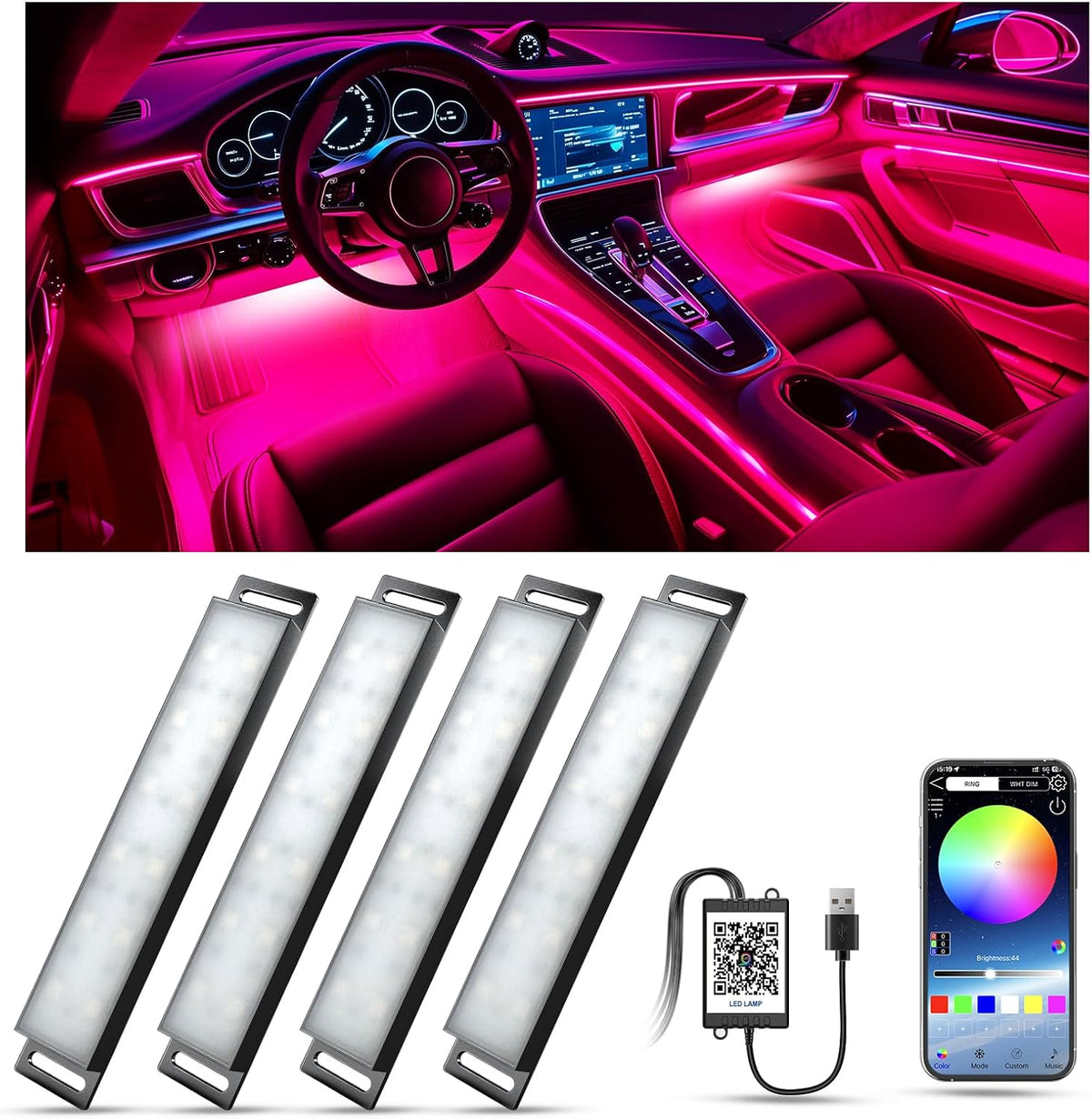 Car LED Interior Lights – RGB Ambient Lighting with APP Control, 16 Million Colours, USB Powered, Music Sync & Memory Function for Universal Vehicles