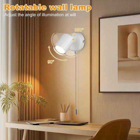 Modern Adjustable Indoor Wall Lamp - with Pull Cord Switch - White Wall Spotlight Fixtures - Wall Sconces for Bedroom Bedside Hallway - Bulb Not Included