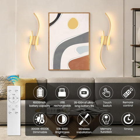 Gold Battery Operated LED Wall Sconces Set of 2 with Remote