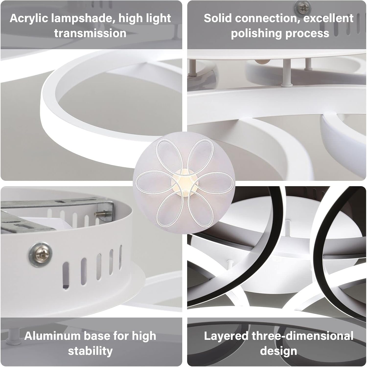 Collage of a ceiling light fixture with features highlighted.