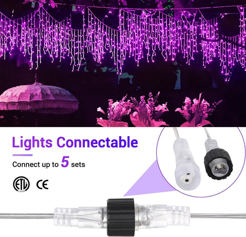 GlobaLink Christmas Icicle Lights 10m 400 LED Blue & Purple – Connectable Outdoor Fairy Lights with 8 Modes, Timer & Memory - Turn Your Roofline Into a Colourful Christmas Display