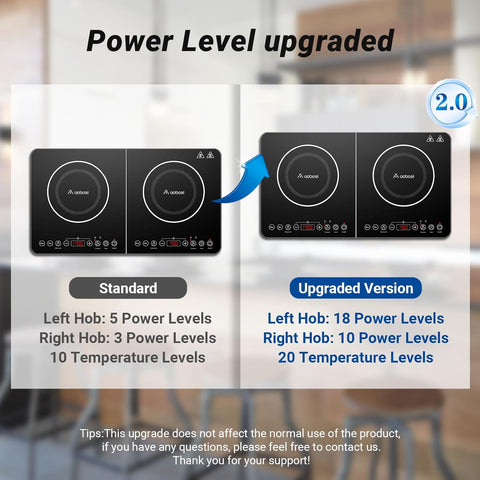 Aobosi Double Induction Hob 2800W Black Glass Panel – 20 Temp Settings, 2 Burners, Safety Lock