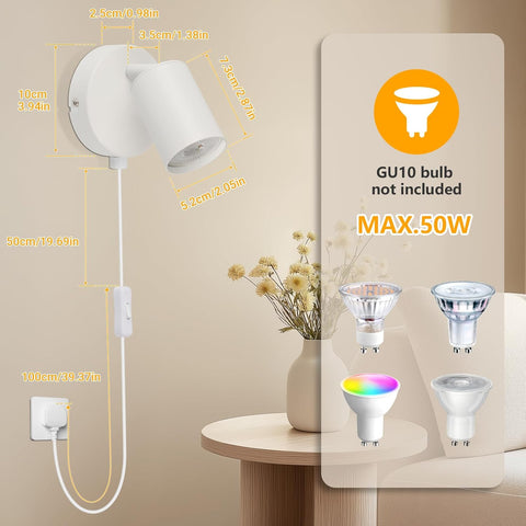 White Plug In Wall Light GU10 Rotatable with Switch