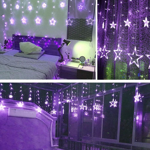 Star-shaped LED string lights in a bedroom setting