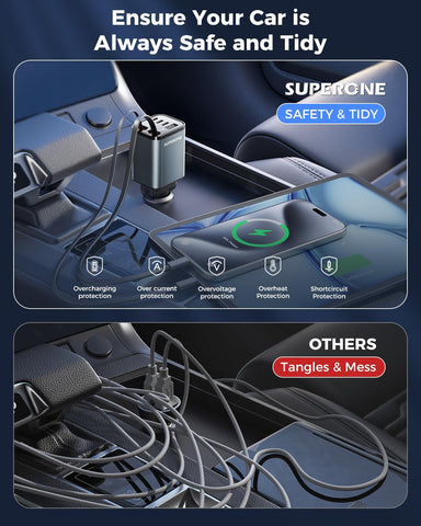 SUPERONE 99W 6-Port Retractable Fast Car Charger Adapter