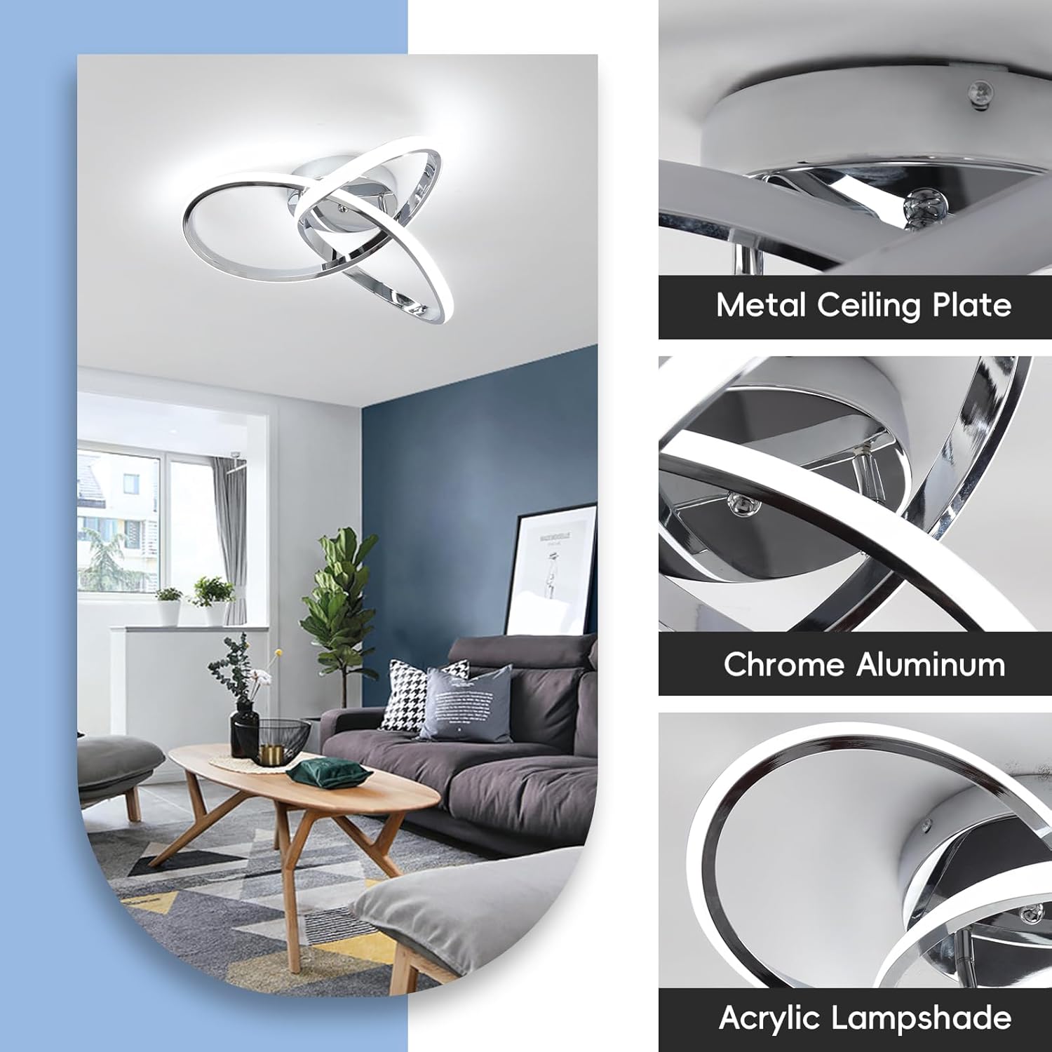 Ceiling light fixture with metal ceiling plate, chrome aluminum finish, and acrylic lampshade in a living room setting.