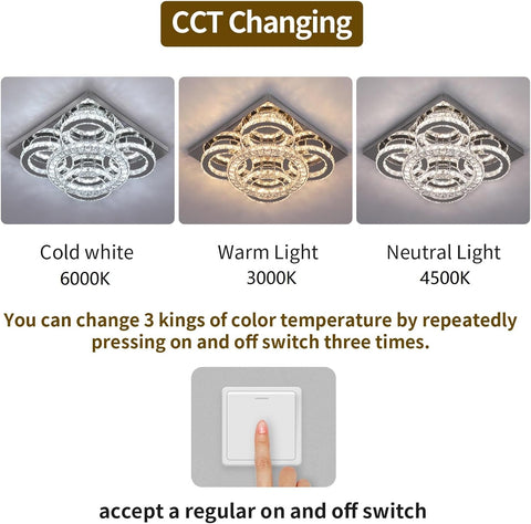Modern Crystal LED Chandelier, 5-Ring Square Flush Mount Ceiling Light