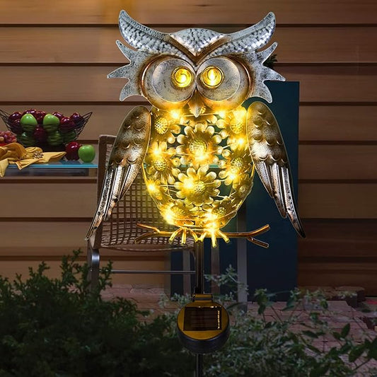 Garden Solar Lights Outdoor Owl Garden Decor Metal Owl LED Decorative Stake Lights for Patio Lawn Yard pathway（Antique color）