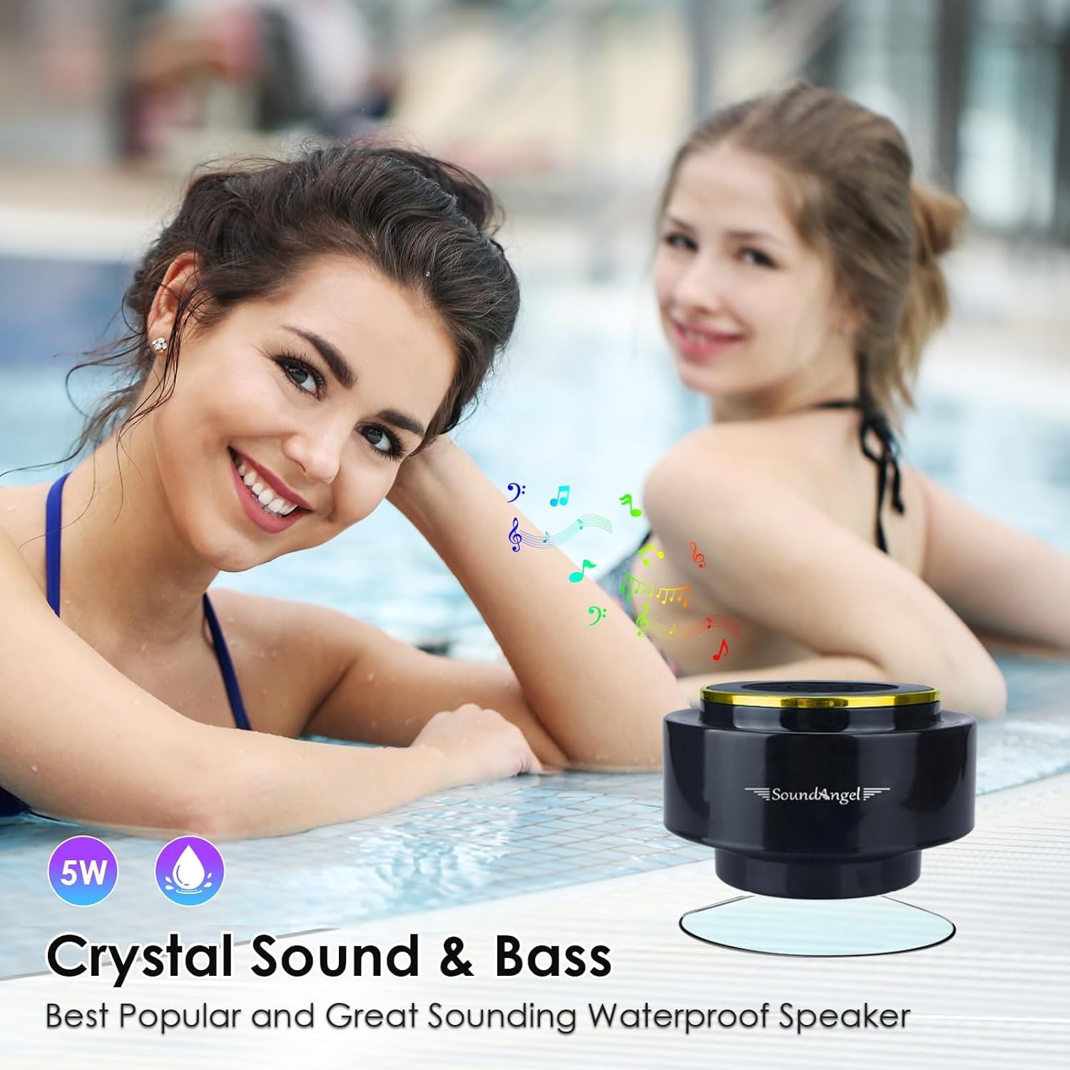 Two women by a pool with a waterproof speaker labeled 'SoundAngel' displayed.