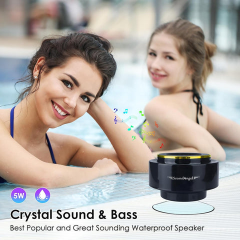 Two women by a pool with a waterproof speaker labeled 'SoundAngel' displayed.