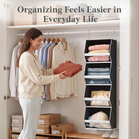 Lifewit 4-Tier Hanging Wardrobe Storage Organiser – Grey Foldable Closet Shelves with Clear PVC Window
