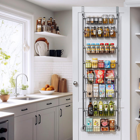 Delamu 8-Tier Over Door Storage Organiser, Adjustable Metal Pantry Shelves, Hanging Spice Rack for Kitchen, Bathroom & Laundry, White