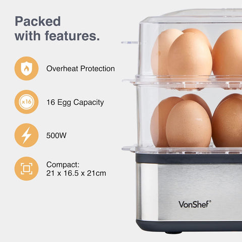 3-in-1 Electric Egg Boiler, Poacher & Omelette Maker – 16 Egg Capacity, Stainless Steel 500W