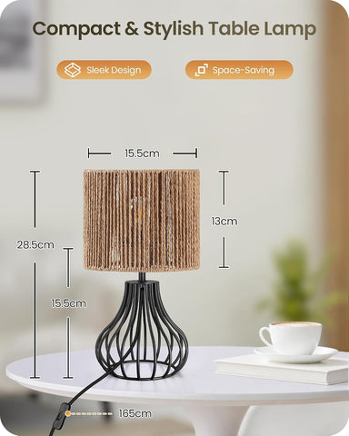 GOEBELSON Bedside Table Lamp – Black Metal Table Lamp with Hand-Woven Paper Rattan Shade, 4W 2700K LED Bulb Included, E27 Bedroom & Desk Lamp