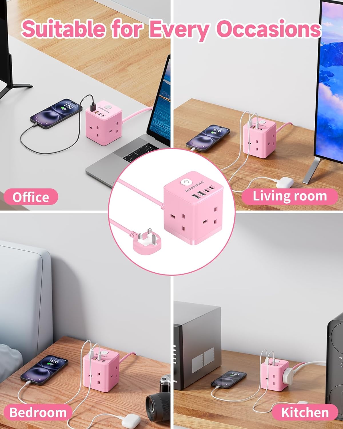 Pink multi-port USB charger used in various settings including office, living room, bedroom, and kitchen.