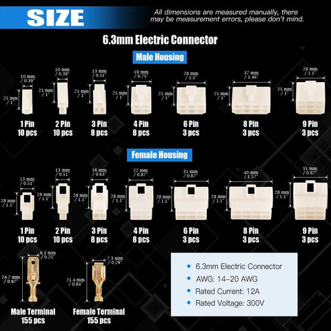 Glarks 400Pcs 6.3mm 1 2 3 4 6 8 9 Pin Electrical Automotive Wire Connector Male Female Socket Plug and Pin Header Crimp Wire Terminals Kit for Motorcycle, Bike, Car, Boats