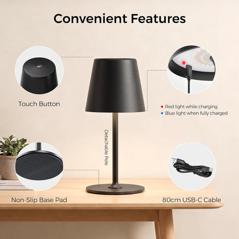 Rechargeable Table Lamp, Cordless LED Touch Lamp for Indoor & Outdoor Use – 48 LEDs, 3 Brightness Levels, Waterproof Black Metal Design